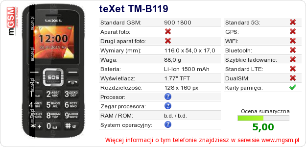 Dane telefonu teXet TM-B119 Dane telefonu teXet TM-B119