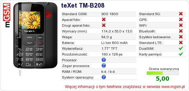 Dane telefonu teXet TM-B208 Dane telefonu teXet TM-B208