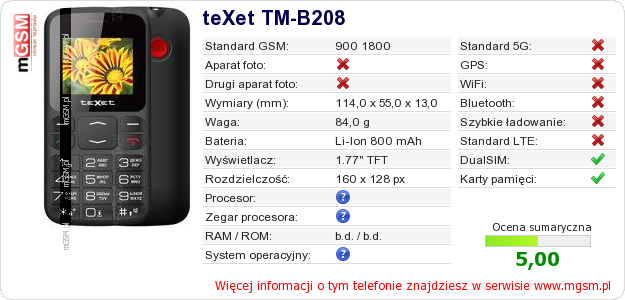 Dane telefonu teXet TM-B208 Dane telefonu teXet TM-B208