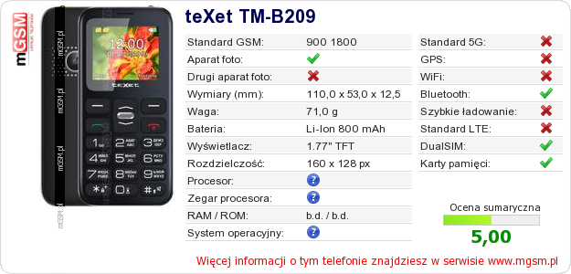 Dane telefonu teXet TM-B209 Dane telefonu teXet TM-B209