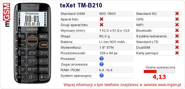 Dane telefonu teXet TM-B210 Dane telefonu teXet TM-B210