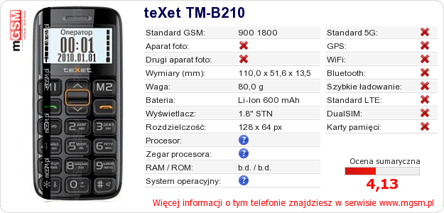Dane telefonu teXet TM-B210
