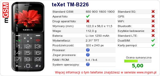 Dane telefonu teXet TM-B226 Dane telefonu teXet TM-B226