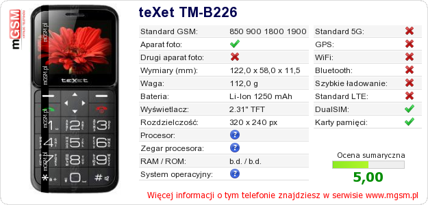 Dane telefonu teXet TM-B226