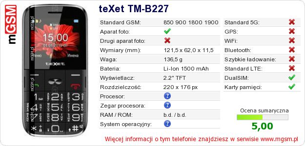 Dane telefonu teXet TM-B227