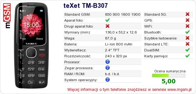 Dane telefonu teXet TM-B307 Dane telefonu teXet TM-B307