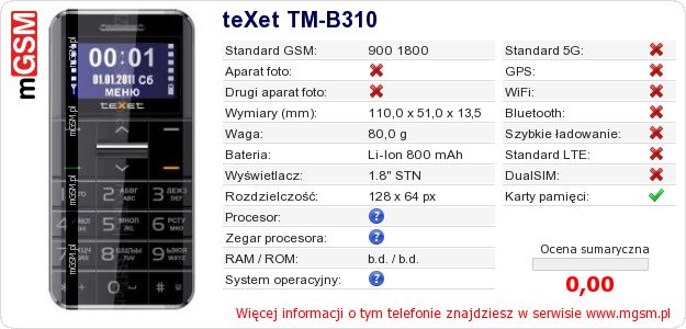Dane telefonu teXet TM-B310