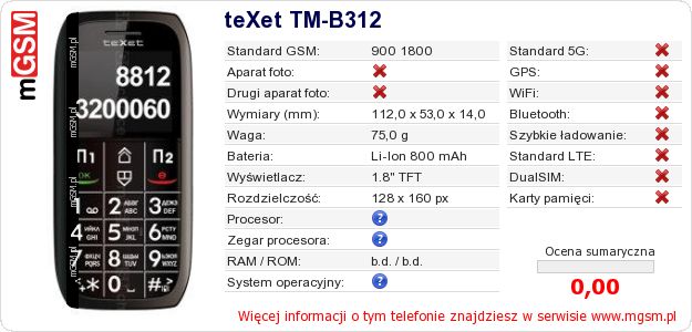 Dane telefonu teXet TM-B312
