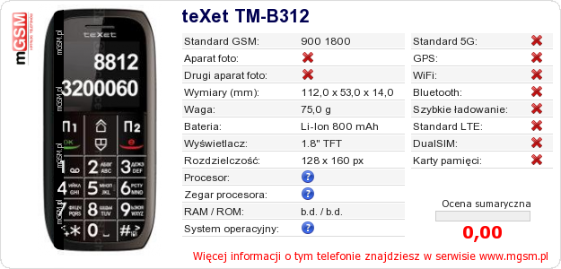 Dane telefonu teXet TM-B312