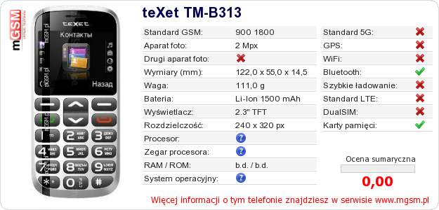 Dane telefonu teXet TM-B313 Dane telefonu teXet TM-B313