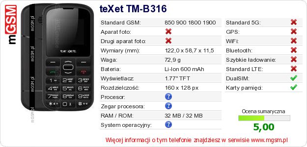 Dane telefonu teXet TM-B316 Dane telefonu teXet TM-B316