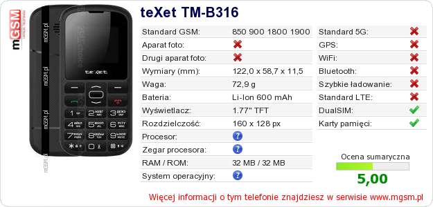 Dane telefonu teXet TM-B316
