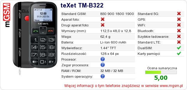 Dane telefonu teXet TM-B322
