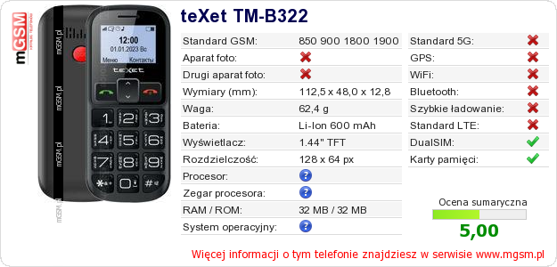 Dane telefonu teXet TM-B322
