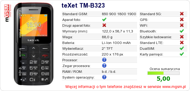 Dane telefonu teXet TM-B323 Dane telefonu teXet TM-B323
