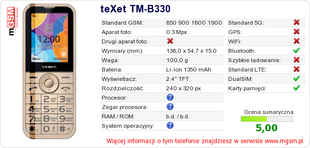 Dane telefonu teXet TM-B330 Dane telefonu teXet TM-B330