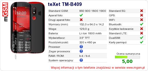 Dane telefonu teXet TM-B409 Dane telefonu teXet TM-B409
