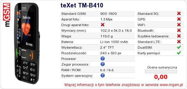 Dane telefonu teXet TM-B410 Dane telefonu teXet TM-B410