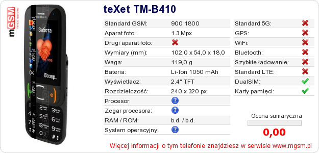 Dane telefonu teXet TM-B410