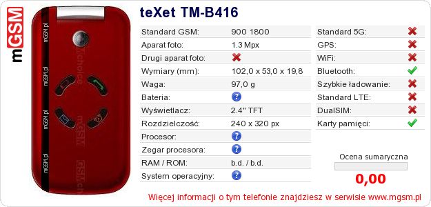 Dane telefonu teXet TM-B416 Dane telefonu teXet TM-B416