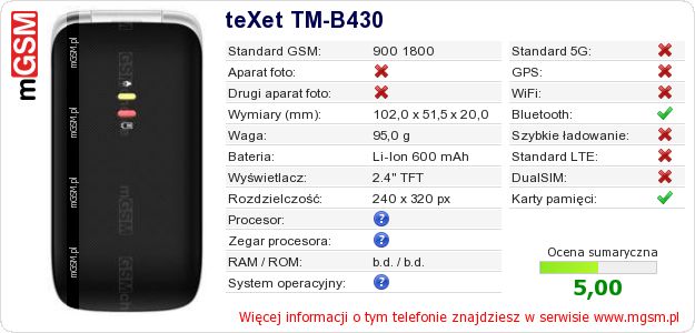 Dane telefonu teXet TM-B430 Dane telefonu teXet TM-B430