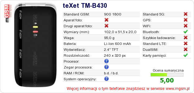 Dane telefonu teXet TM-B430