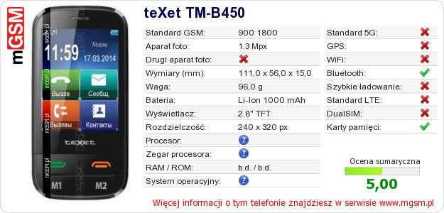 Dane telefonu teXet TM-B450