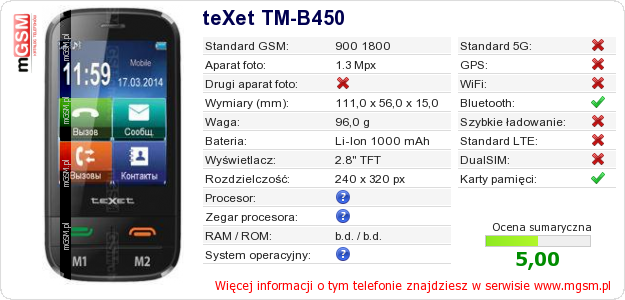 Dane telefonu teXet TM-B450