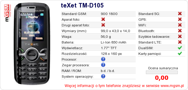 Dane telefonu teXet TM-D105