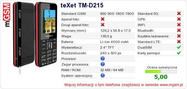 Dane telefonu teXet TM-D215