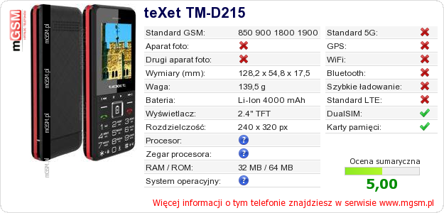 Dane telefonu teXet TM-D215 Dane telefonu teXet TM-D215