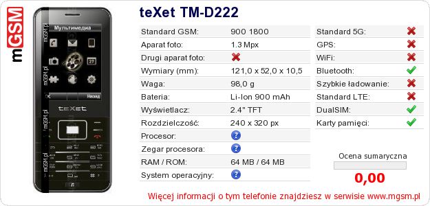 Dane telefonu teXet TM-D222