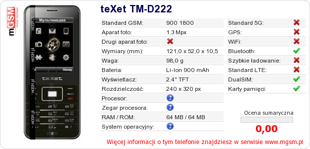 Dane telefonu teXet TM-D222