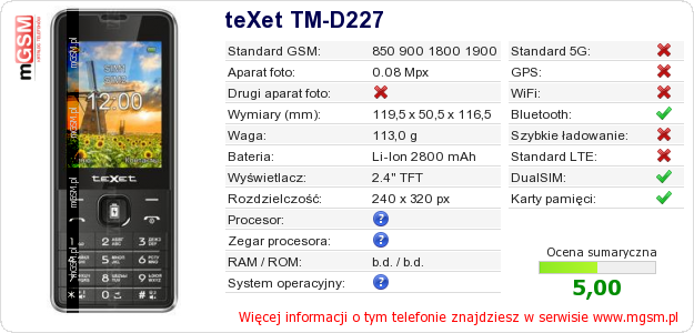 Dane telefonu teXet TM-D227 Dane telefonu teXet TM-D227