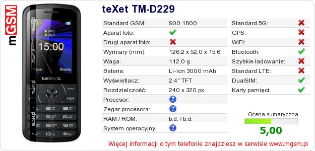 Dane telefonu teXet TM-D229 Dane telefonu teXet TM-D229