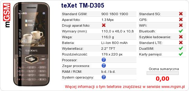 Dane telefonu teXet TM-D305