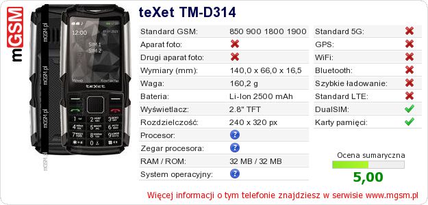 Dane telefonu teXet TM-D314