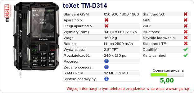 Dane telefonu teXet TM-D314