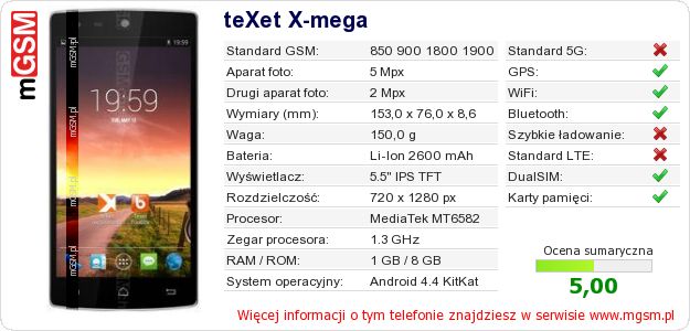 Dane telefonu teXet X-mega