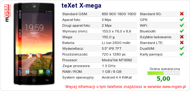 Dane telefonu teXet X-mega