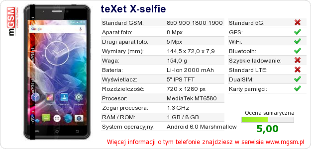 Dane telefonu teXet X-selfie