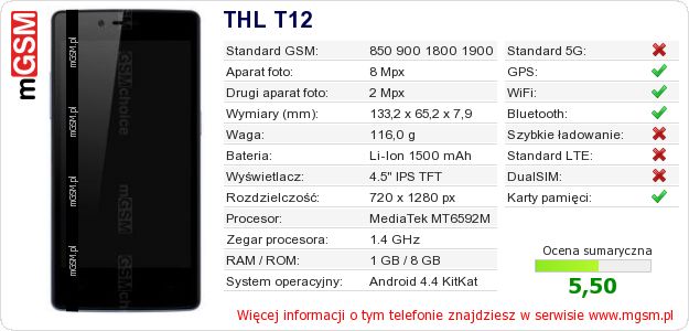 Dane telefonu THL T12