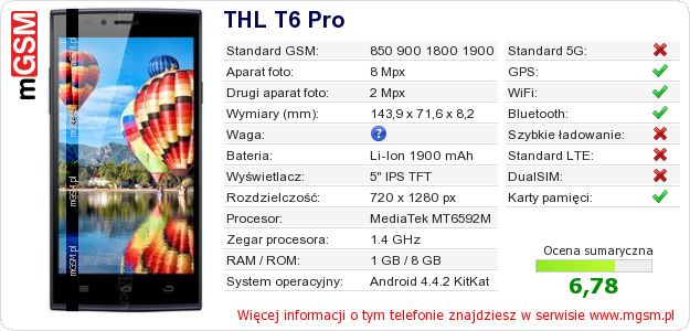 Dane telefonu THL T6 Pro