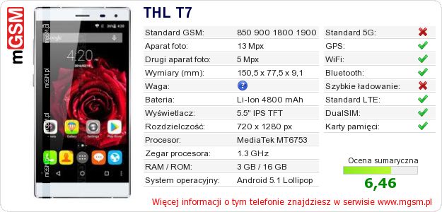 Dane telefonu THL T7