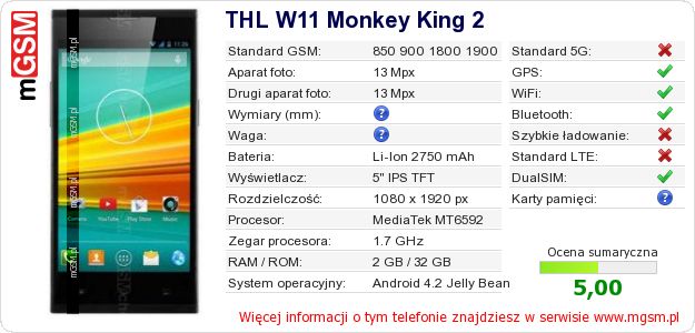 Dane telefonu THL W11 Monkey King 2