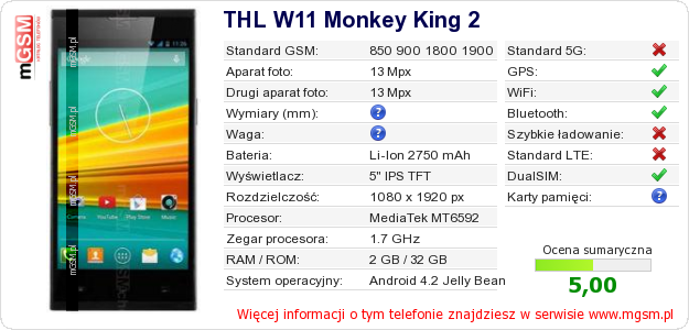 Dane telefonu THL W11 Monkey King 2
