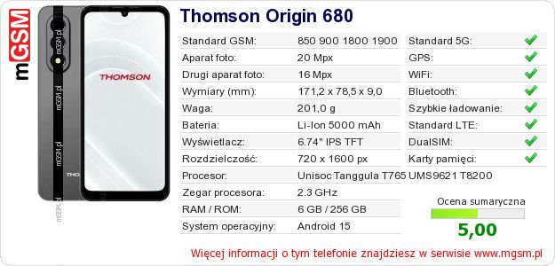 Dane telefonu Thomson Origin 680