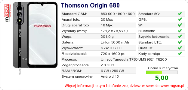 Dane telefonu Thomson Origin 680