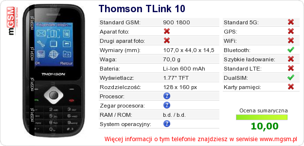 Dane telefonu Thomson TLink 10