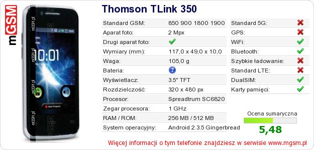 Dane telefonu Thomson TLink 350